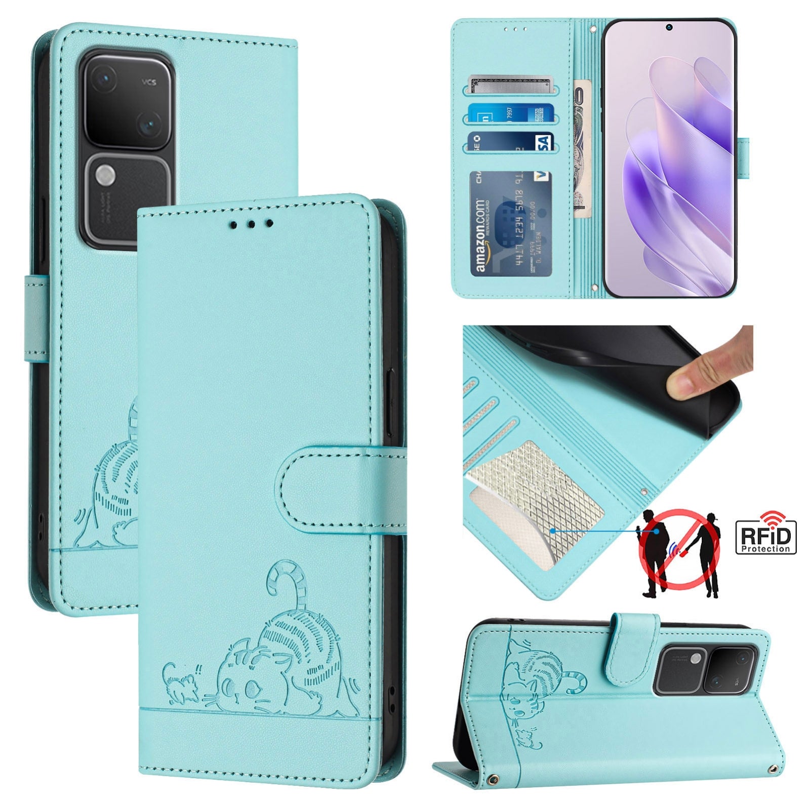 vivo V30 5G Global Cat and Mouse Embossed PU Leather RFID Case with Wallet Slots, Anti-Fall Protection, Kickstand, and Lanyard-buycases.co.uk