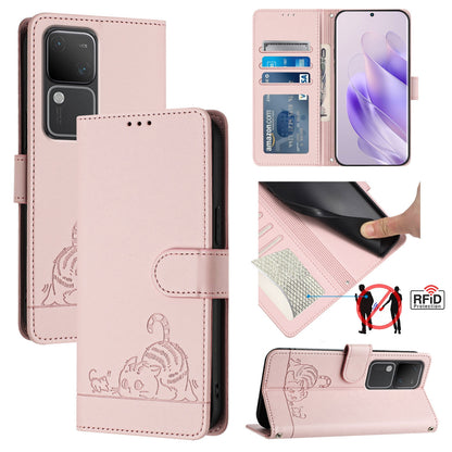 vivo V30 5G Global Cat and Mouse Embossed PU Leather RFID Case with Wallet Slots, Anti-Fall Protection, Kickstand, and Lanyard-buycases.co.uk