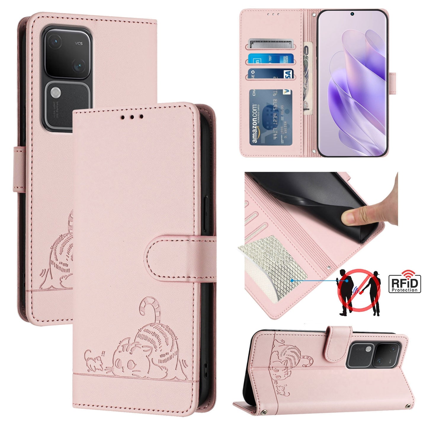 vivo V30 Pro 5G Global Cat and Mouse Embossed PU Leather RFID Case with Wallet Slots, Anti-Fall Protection, Kickstand, and Lanyard-buycases.co.uk