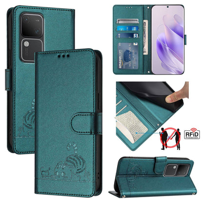 vivo V30 Pro 5G Global Cat and Mouse Embossed PU Leather RFID Case with Wallet Slots, Anti-Fall Protection, Kickstand, and Lanyard-buycases.co.uk
