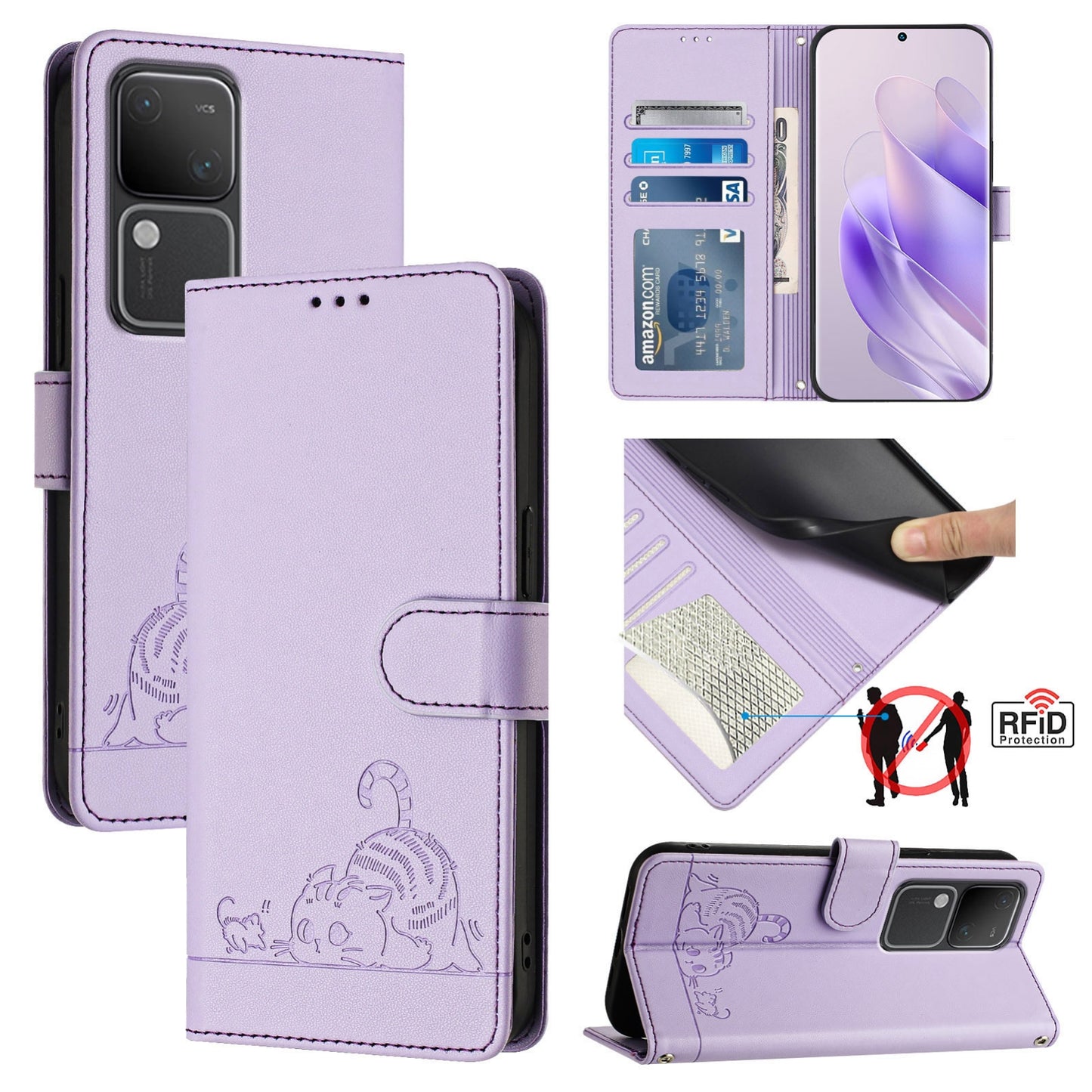 vivo V30 Pro 5G Global Cat and Mouse Embossed PU Leather RFID Case with Wallet Slots, Anti-Fall Protection, Kickstand, and Lanyard-buycases.co.uk