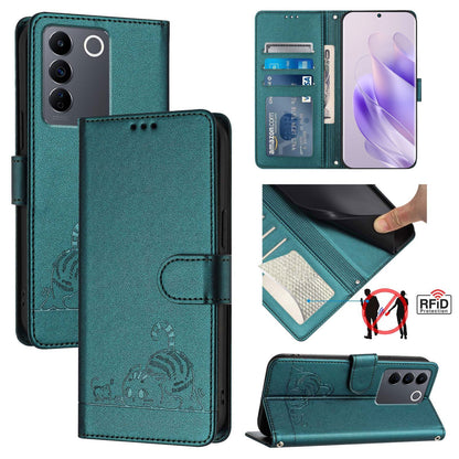 vivo V27E 4G Global Cat and Mouse Embossed PU Leather RFID Case with Wallet Slots, Anti-Fall Protection, Kickstand, and Lanyard-buycases.co.uk
