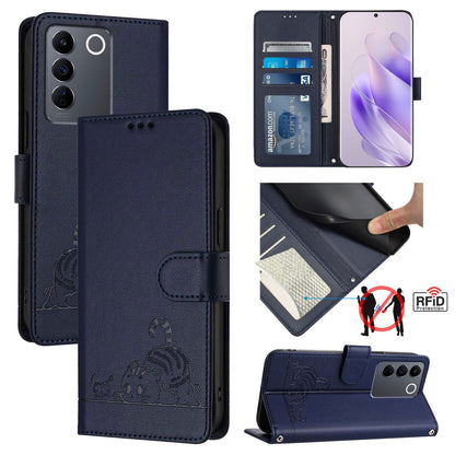 vivo V27E 4G Global Cat and Mouse Embossed PU Leather RFID Case with Wallet Slots, Anti-Fall Protection, Kickstand, and Lanyard-buycases.co.uk