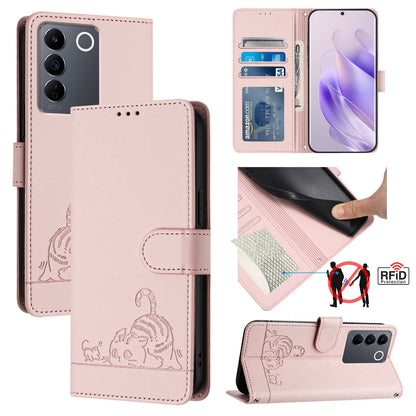 vivo T2 4G Global Cat and Mouse Embossed PU Leather RFID Case with Wallet Slots, Anti-Fall Protection, Kickstand, and Lanyard-buycases.co.uk
