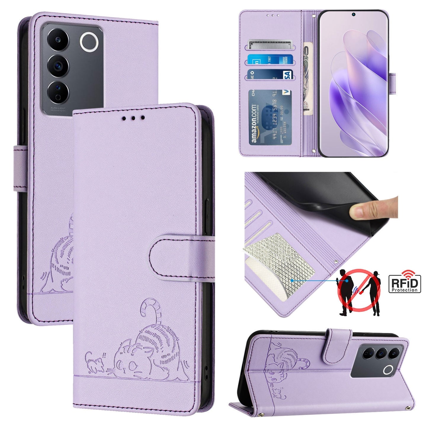 vivo T2 4G Global Cat and Mouse Embossed PU Leather RFID Case with Wallet Slots, Anti-Fall Protection, Kickstand, and Lanyard-buycases.co.uk