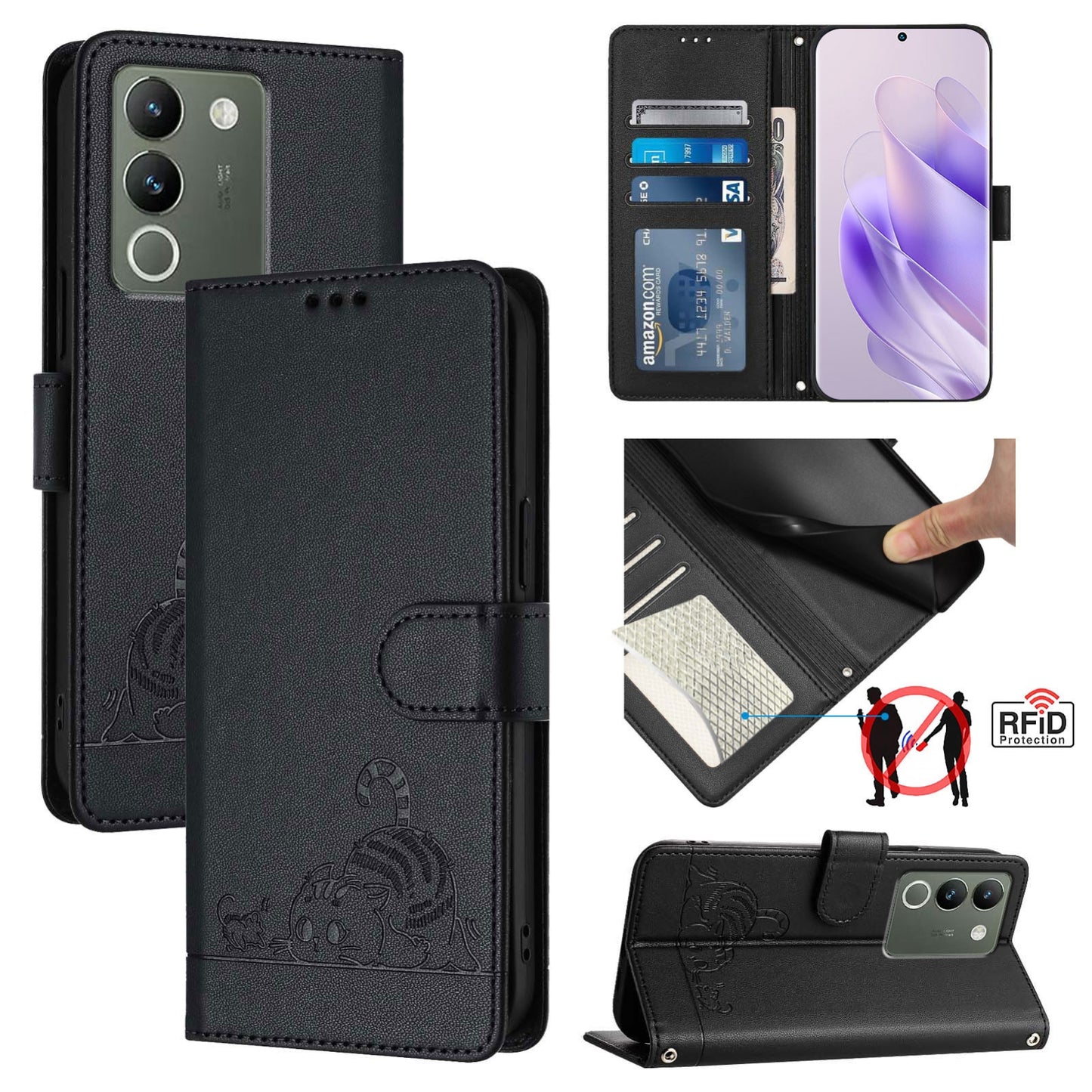 vivo V29E 5G Global Cat and Mouse Embossed PU Leather RFID Case with Wallet Slots, Anti-Fall Protection, Kickstand, and Lanyard-buycases.co.uk