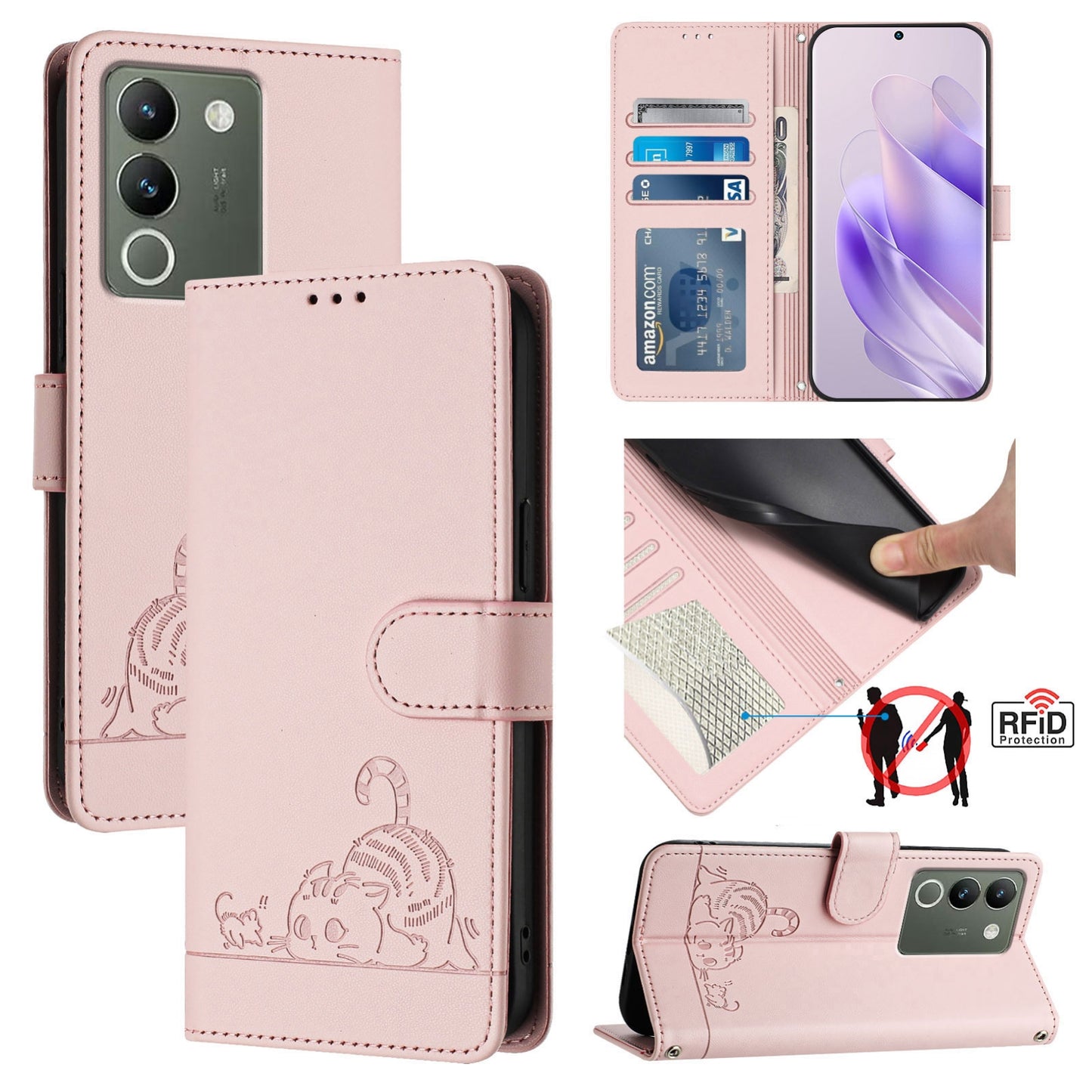 vivo Y200 5G Global Cat and Mouse Embossed PU Leather RFID Case with Wallet Slots, Anti-Fall Protection, Kickstand, and Lanyard-buycases.co.uk