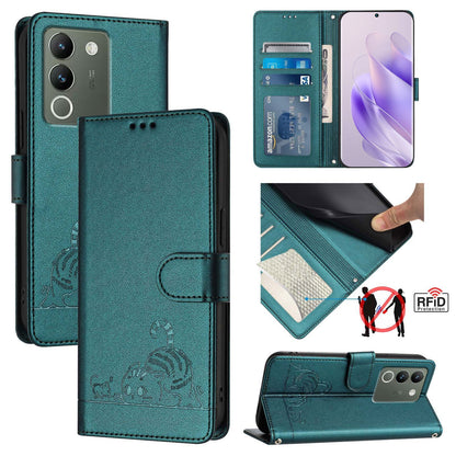 vivo Y200 5G Global Cat and Mouse Embossed PU Leather RFID Case with Wallet Slots, Anti-Fall Protection, Kickstand, and Lanyard-buycases.co.uk