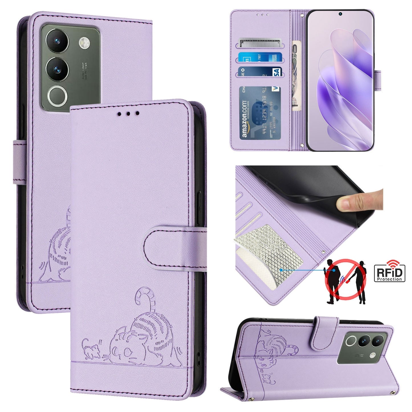 vivo Y200 5G Global Cat and Mouse Embossed PU Leather RFID Case with Wallet Slots, Anti-Fall Protection, Kickstand, and Lanyard-buycases.co.uk