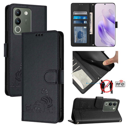 vivo V30 Lite 5G Global Cat and Mouse Embossed PU Leather RFID Case with Wallet Slots, Anti-Fall Protection, Kickstand, and Lanyard-buycases.co.uk