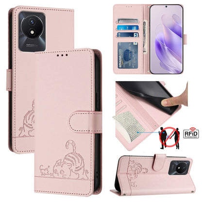 vivo Y02 4G Cat and Mouse Embossed PU Leather RFID Case with Wallet Slots, Anti-Fall Protection, Kickstand, and Lanyard-buycases.co.uk