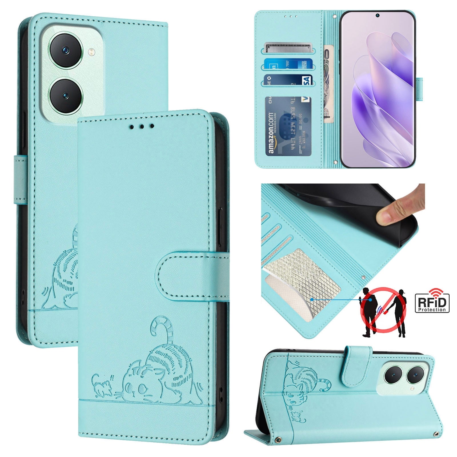 vivo Y03 4G Global Cat and Mouse Embossed PU Leather RFID Case with Wallet Slots, Anti-Fall Protection, Kickstand, and Lanyard-buycases.co.uk