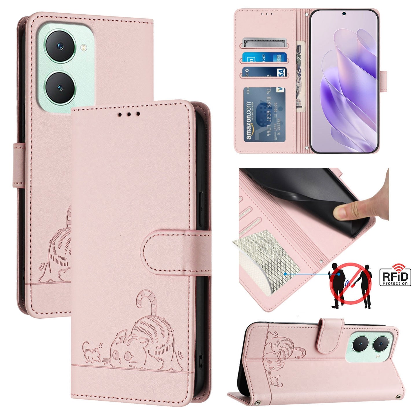 vivo Y03 4G Global Cat and Mouse Embossed PU Leather RFID Case with Wallet Slots, Anti-Fall Protection, Kickstand, and Lanyard-buycases.co.uk