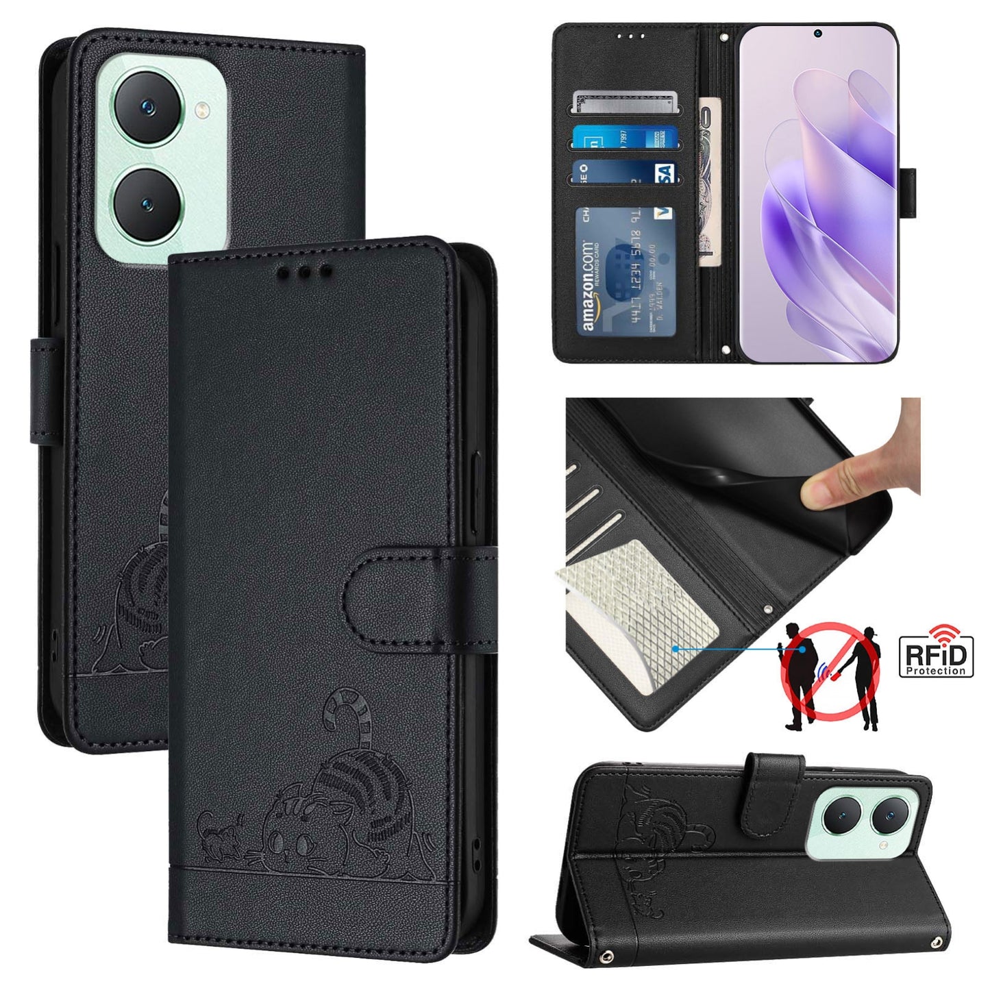 vivo Y03 4G Global Cat and Mouse Embossed PU Leather RFID Case with Wallet Slots, Anti-Fall Protection, Kickstand, and Lanyard-buycases.co.uk