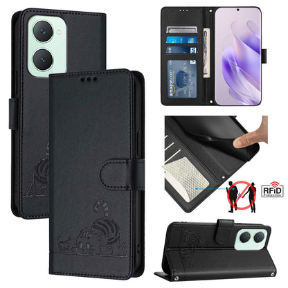 vivo Y03 4G Global Cat and Mouse Embossed PU Leather RFID Case with Wallet Slots, Anti-Fall Protection, Kickstand, and Lanyard-buycases.co.uk