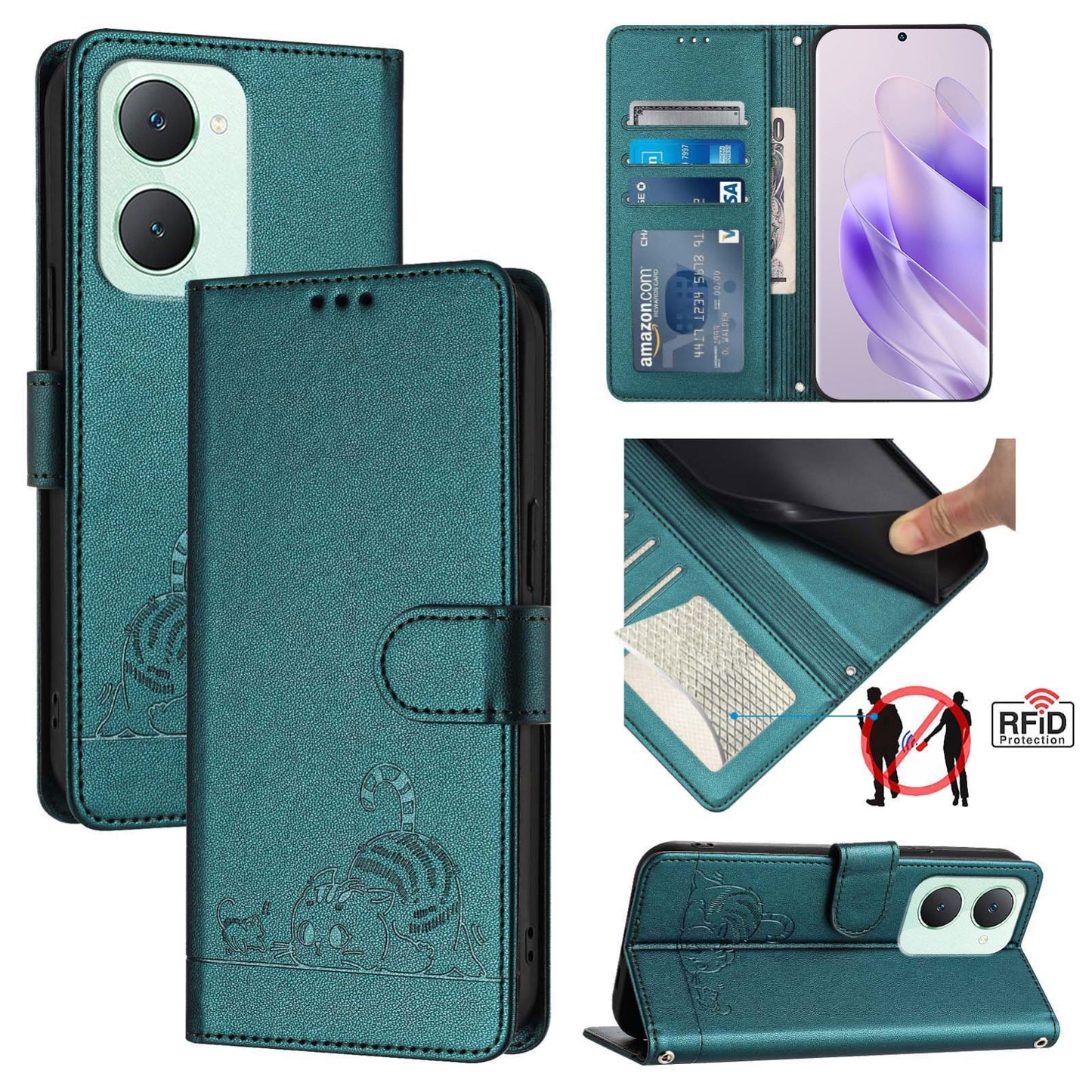 vivo Y03 4G Global Cat and Mouse Embossed PU Leather RFID Case with Wallet Slots, Anti-Fall Protection, Kickstand, and Lanyard-buycases.co.uk
