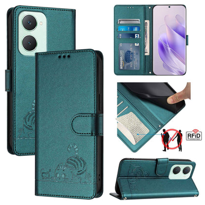 vivo Y03 4G Global Cat and Mouse Embossed PU Leather RFID Case with Wallet Slots, Anti-Fall Protection, Kickstand, and Lanyard-buycases.co.uk