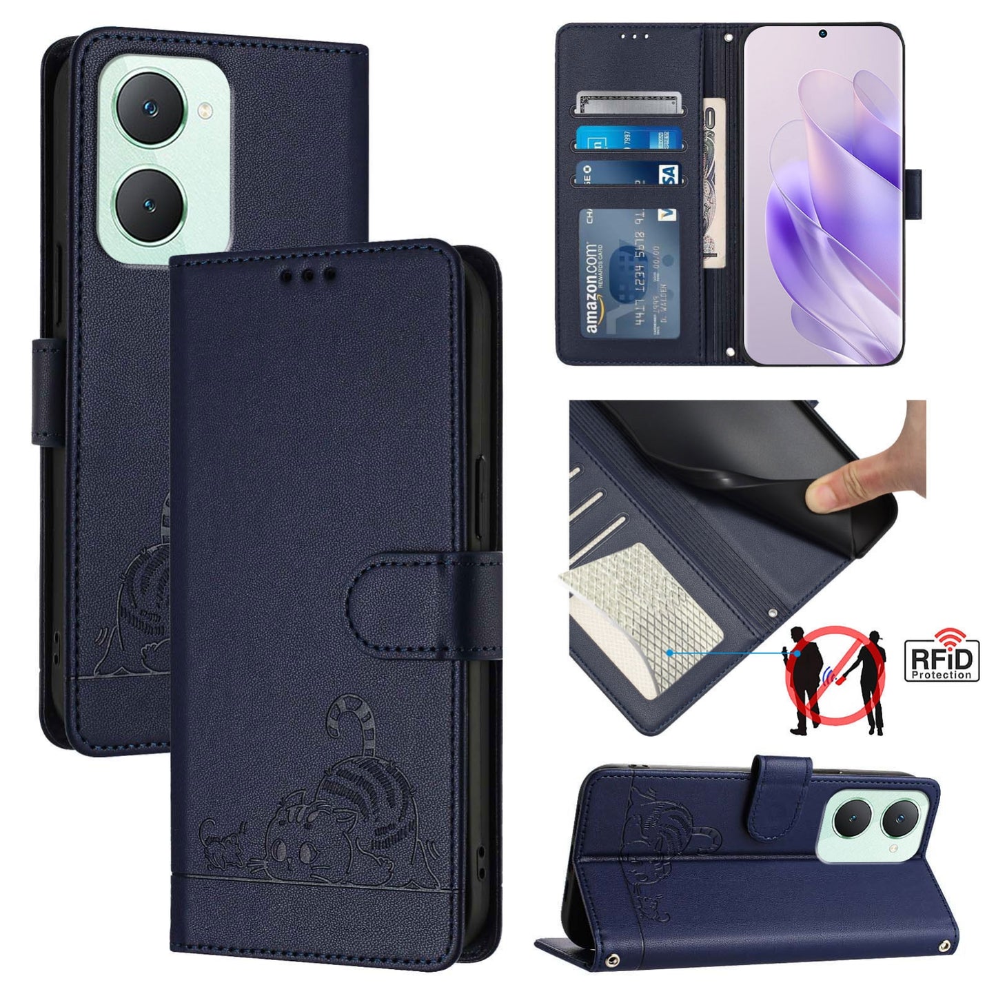 vivo Y03 4G Global Cat and Mouse Embossed PU Leather RFID Case with Wallet Slots, Anti-Fall Protection, Kickstand, and Lanyard-buycases.co.uk