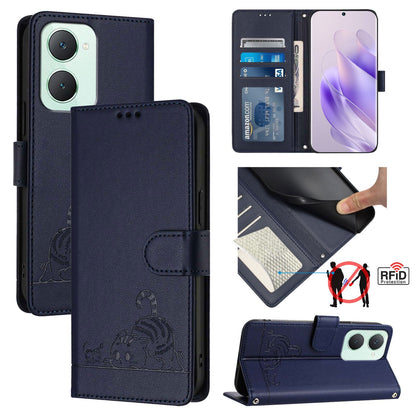 vivo Y03 4G Global Cat and Mouse Embossed PU Leather RFID Case with Wallet Slots, Anti-Fall Protection, Kickstand, and Lanyard-buycases.co.uk