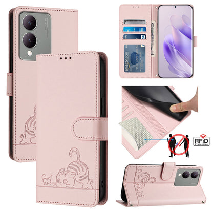 vivo Y17S 4G Global Cat and Mouse Embossed PU Leather RFID Case with Wallet Slots, Anti-Fall Protection, Kickstand, and Lanyard-buycases.co.uk