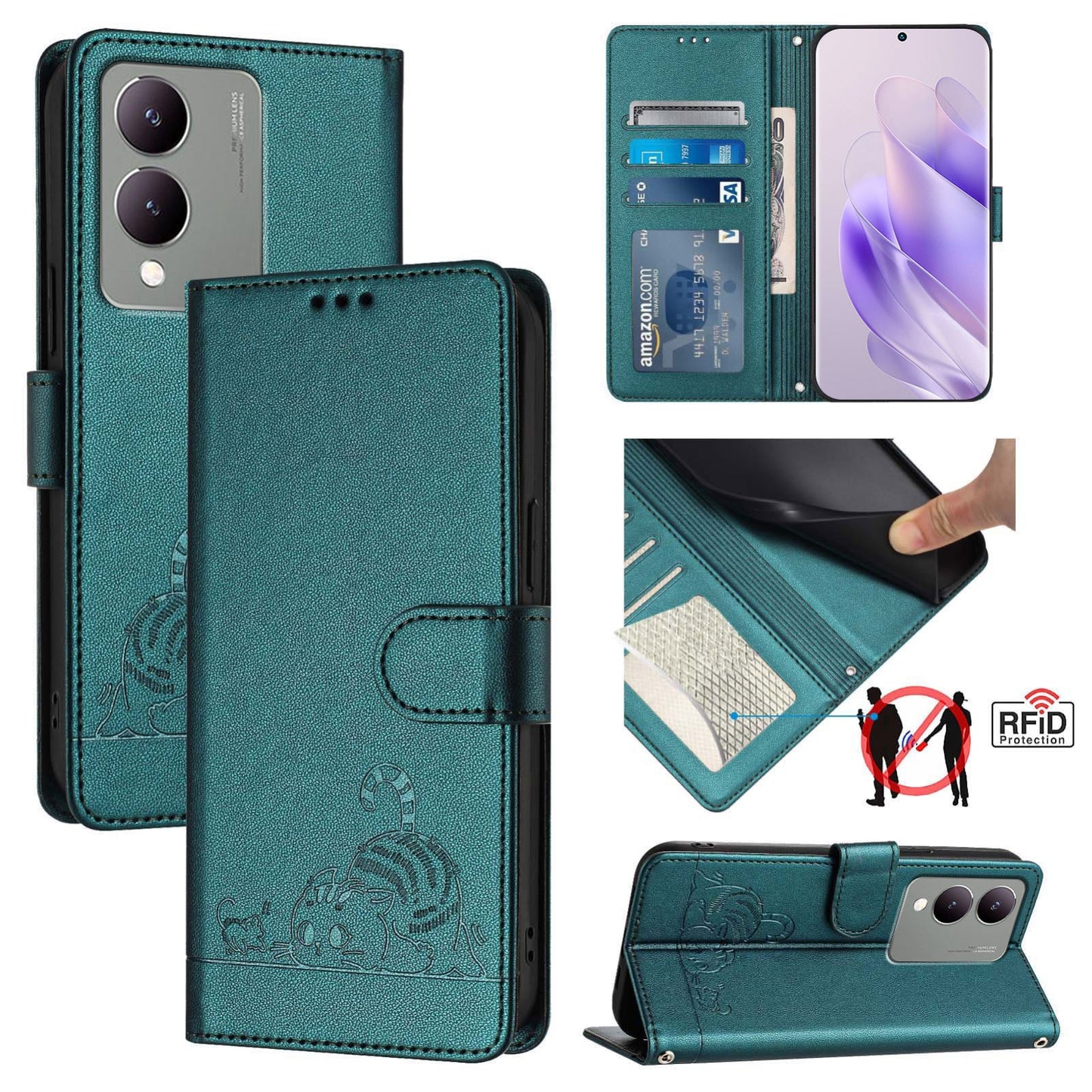 vivo Y17S 4G Global Cat and Mouse Embossed PU Leather RFID Case with Wallet Slots, Anti-Fall Protection, Kickstand, and Lanyard-buycases.co.uk