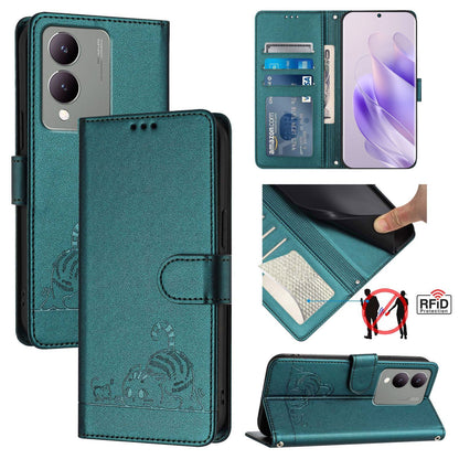 vivo Y17S 4G Global Cat and Mouse Embossed PU Leather RFID Case with Wallet Slots, Anti-Fall Protection, Kickstand, and Lanyard-buycases.co.uk