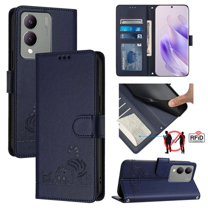 vivo Y17S 4G Global Cat and Mouse Embossed PU Leather RFID Case with Wallet Slots, Anti-Fall Protection, Kickstand, and Lanyard-buycases.co.uk