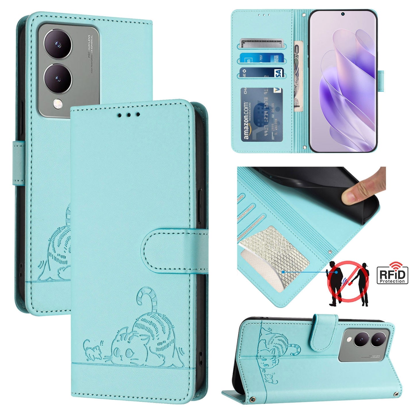 vivo Y17S 5G India Cat and Mouse Embossed PU Leather RFID Case with Wallet Slots, Anti-Fall Protection, Kickstand, and Lanyard-buycases.co.uk