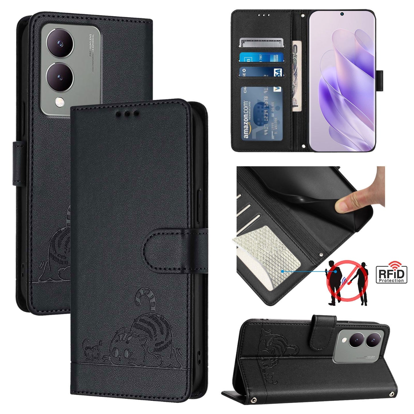 vivo Y17S 5G India Cat and Mouse Embossed PU Leather RFID Case with Wallet Slots, Anti-Fall Protection, Kickstand, and Lanyard-buycases.co.uk