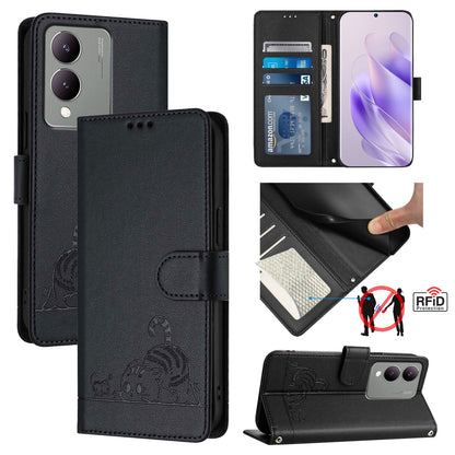 vivo Y17S 5G India Cat and Mouse Embossed PU Leather RFID Case with Wallet Slots, Anti-Fall Protection, Kickstand, and Lanyard-buycases.co.uk