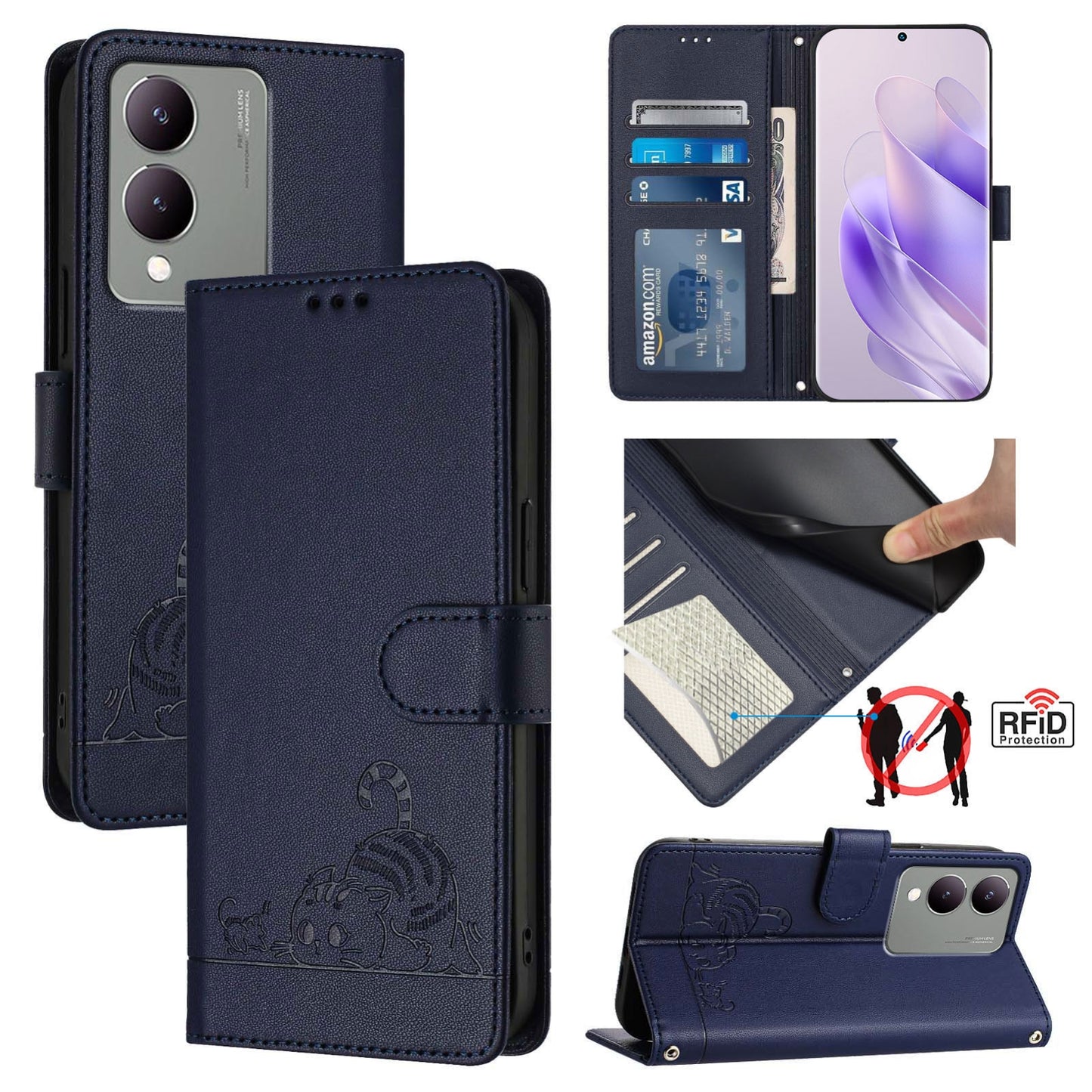 vivo Y17S 5G India Cat and Mouse Embossed PU Leather RFID Case with Wallet Slots, Anti-Fall Protection, Kickstand, and Lanyard-buycases.co.uk