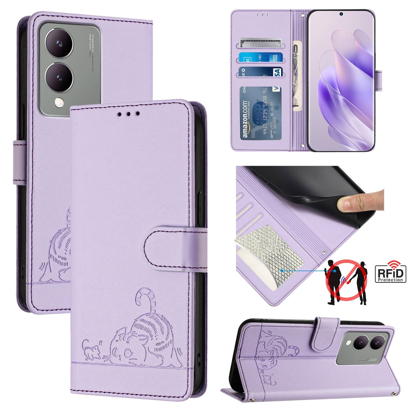 vivo Y17S 5G India Cat and Mouse Embossed PU Leather RFID Case with Wallet Slots, Anti-Fall Protection, Kickstand, and Lanyard-buycases.co.uk