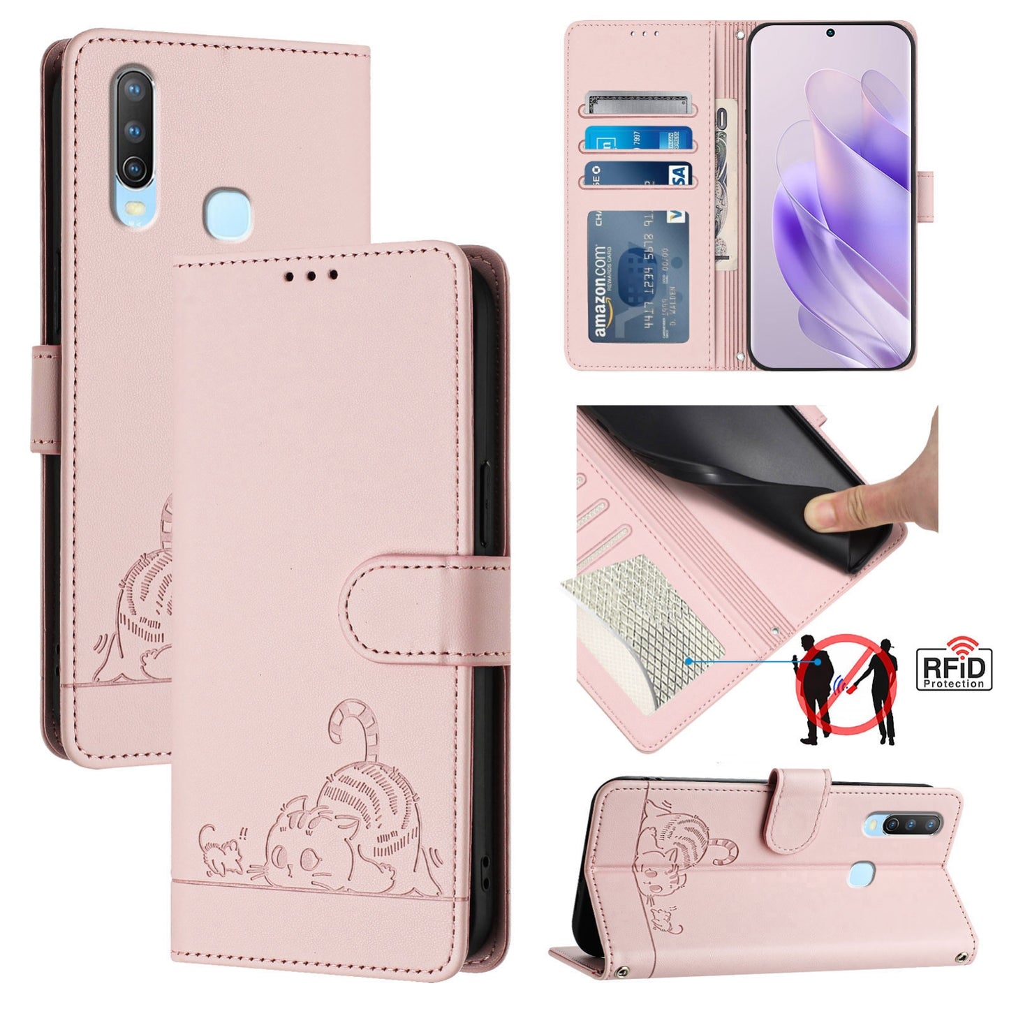 vivo Y12 Cat and Mouse Embossed PU Leather RFID Case with Wallet Slots, Anti-Fall Protection, Kickstand, and Lanyard-buycases.co.uk