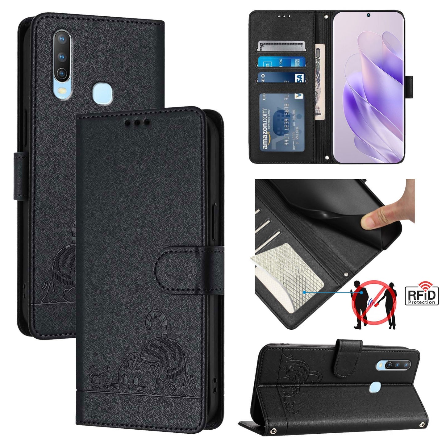 vivo Y12 Cat and Mouse Embossed PU Leather RFID Case with Wallet Slots, Anti-Fall Protection, Kickstand, and Lanyard-buycases.co.uk