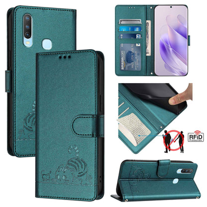 vivo Y15 Cat and Mouse Embossed PU Leather RFID Case with Wallet Slots, Anti-Fall Protection, Kickstand, and Lanyard-buycases.co.uk