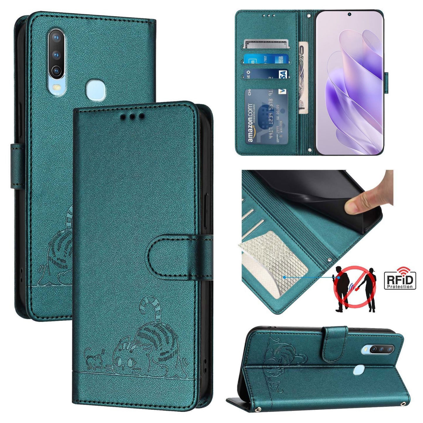 vivo Y11 Cat and Mouse Embossed PU Leather RFID Case with Wallet Slots, Anti-Fall Protection, Kickstand, and Lanyard-buycases.co.uk