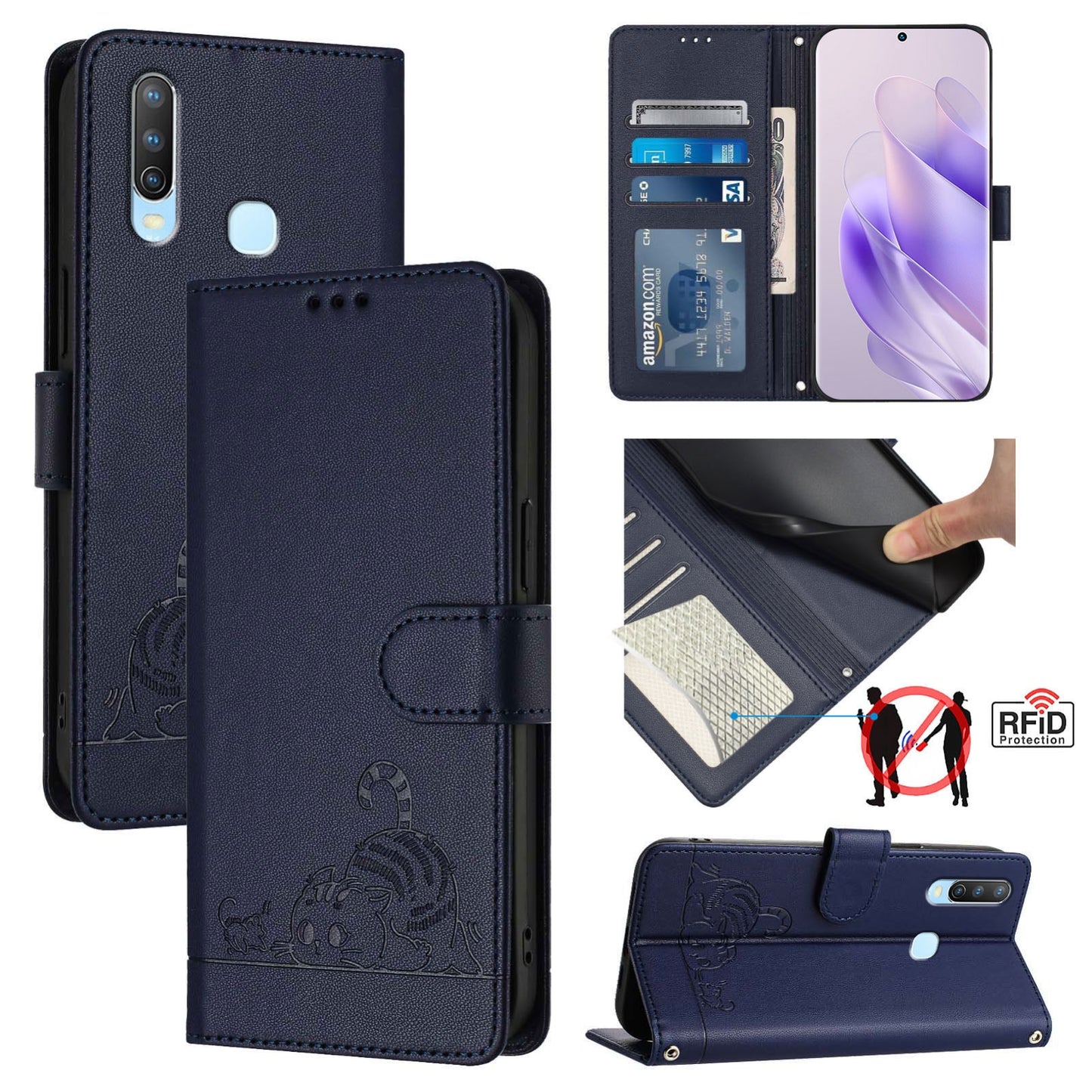 vivo Y15 Cat and Mouse Embossed PU Leather RFID Case with Wallet Slots, Anti-Fall Protection, Kickstand, and Lanyard-buycases.co.uk