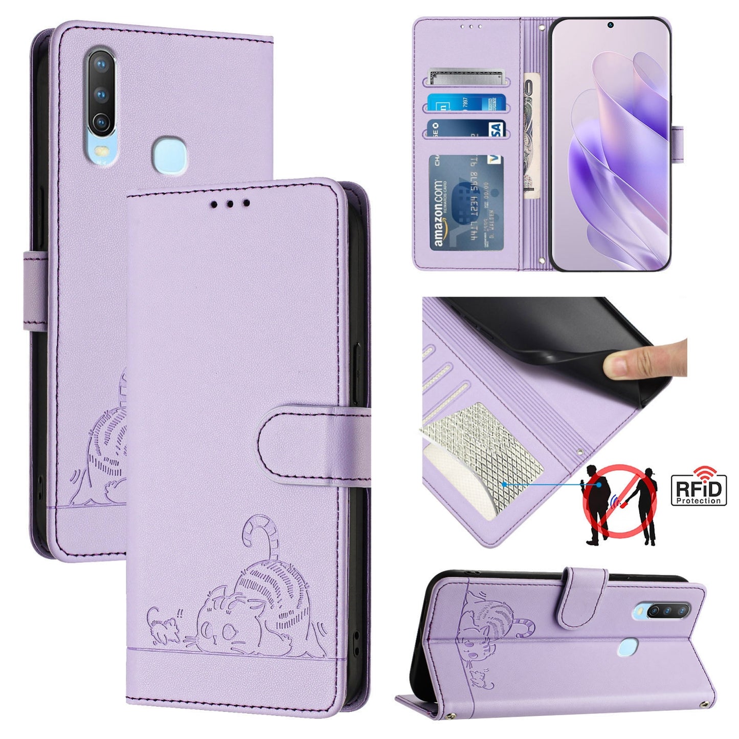 vivo Y17 Cat and Mouse Embossed PU Leather RFID Case with Wallet Slots, Anti-Fall Protection, Kickstand, and Lanyard-buycases.co.uk