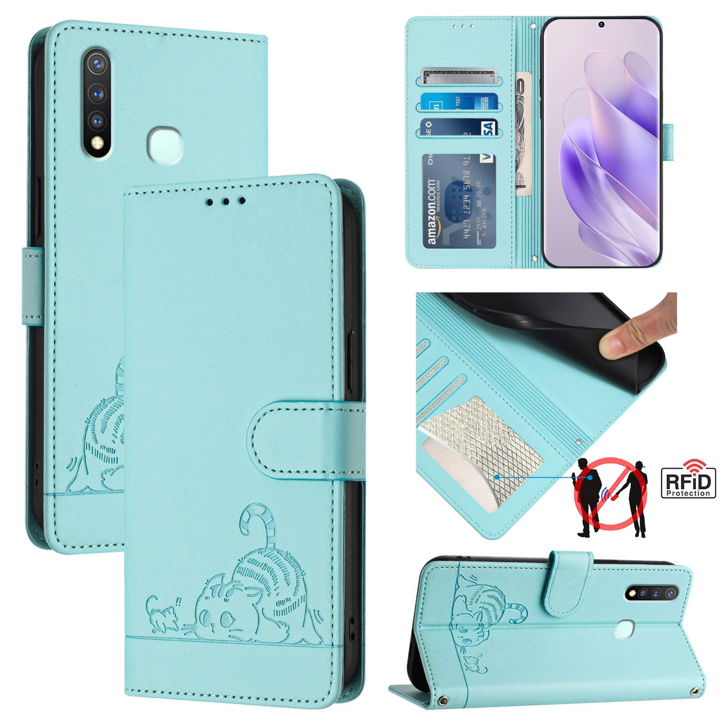 vivo U20 Cat and Mouse Embossed PU Leather RFID Case with Wallet Slots, Anti-Fall Protection, Kickstand, and Lanyard-buycases.co.uk