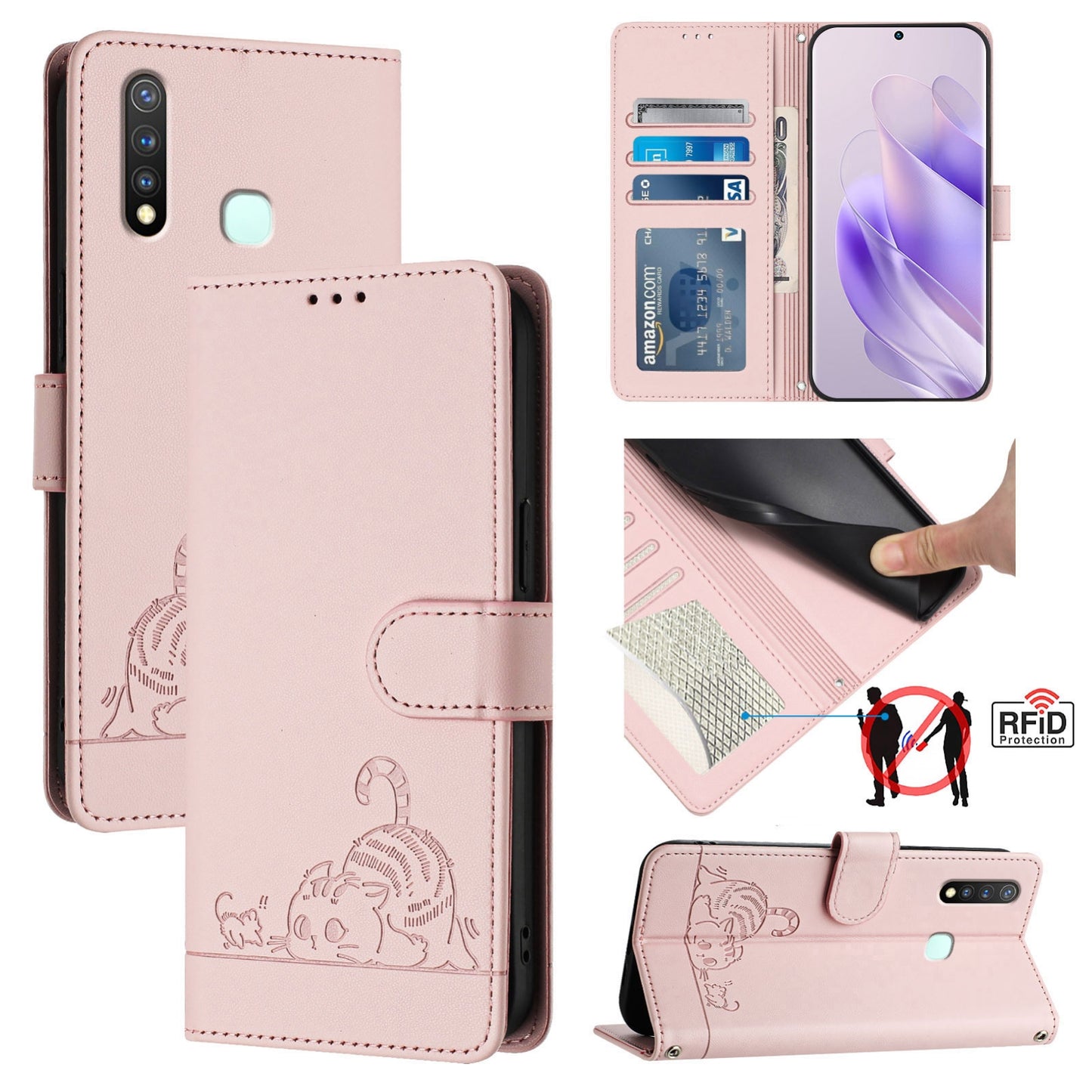 vivo U20 Cat and Mouse Embossed PU Leather RFID Case with Wallet Slots, Anti-Fall Protection, Kickstand, and Lanyard-buycases.co.uk