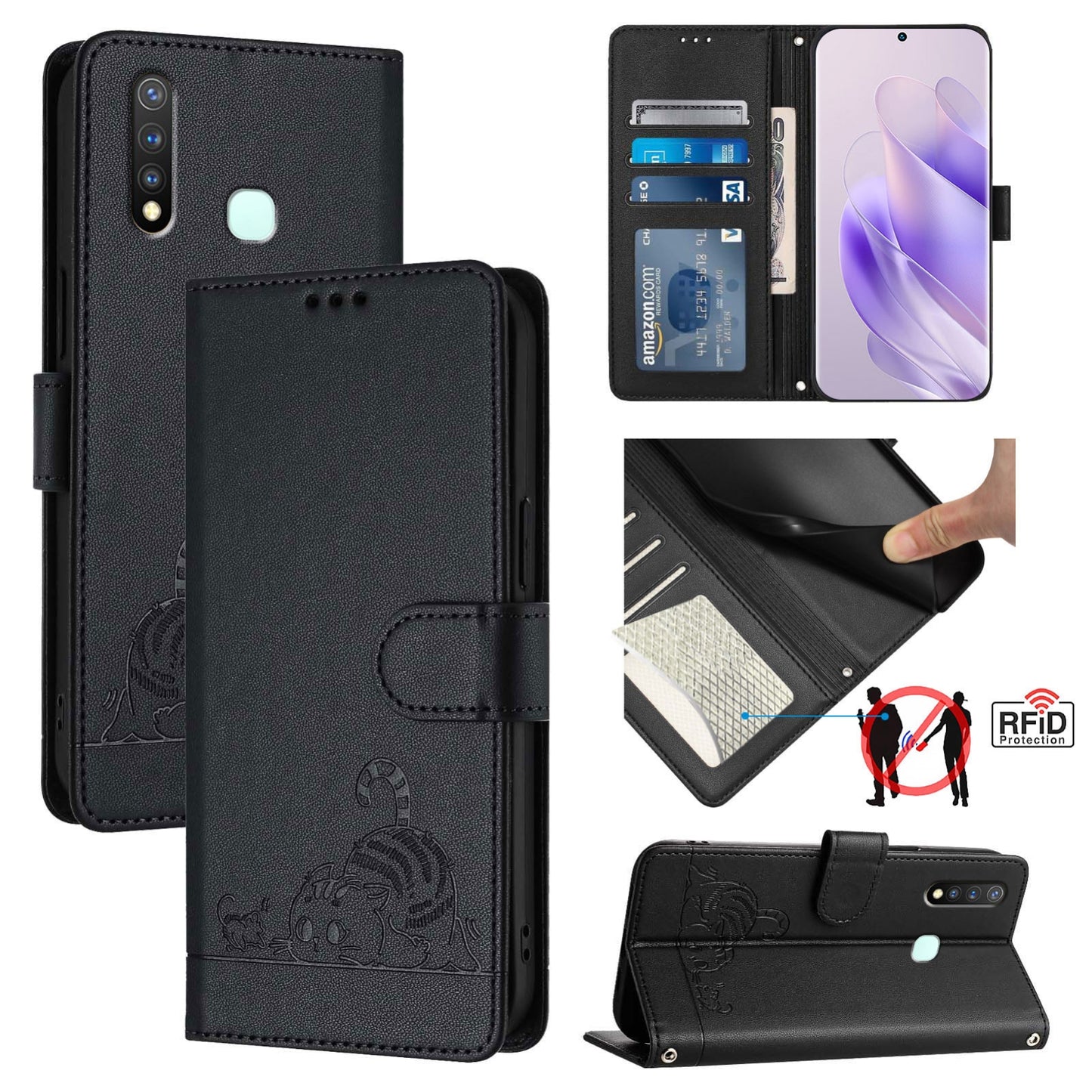 vivo Y5S Cat and Mouse Embossed PU Leather RFID Case with Wallet Slots, Anti-Fall Protection, Kickstand, and Lanyard-buycases.co.uk