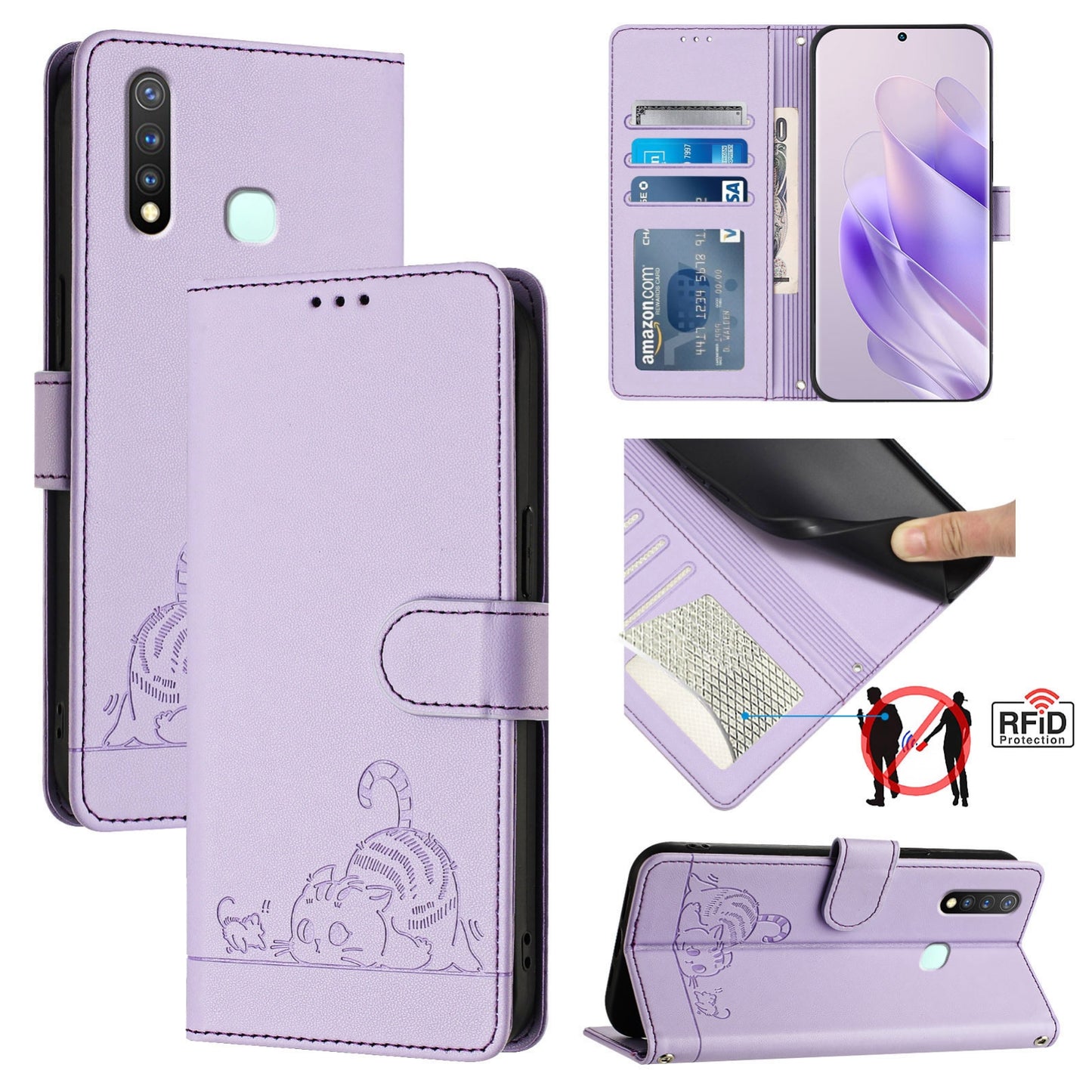 vivo Z5i Cat and Mouse Embossed PU Leather RFID Case with Wallet Slots, Anti-Fall Protection, Kickstand, and Lanyard-buycases.co.uk