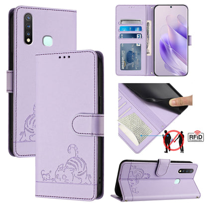 vivo Y5S Cat and Mouse Embossed PU Leather RFID Case with Wallet Slots, Anti-Fall Protection, Kickstand, and Lanyard-buycases.co.uk