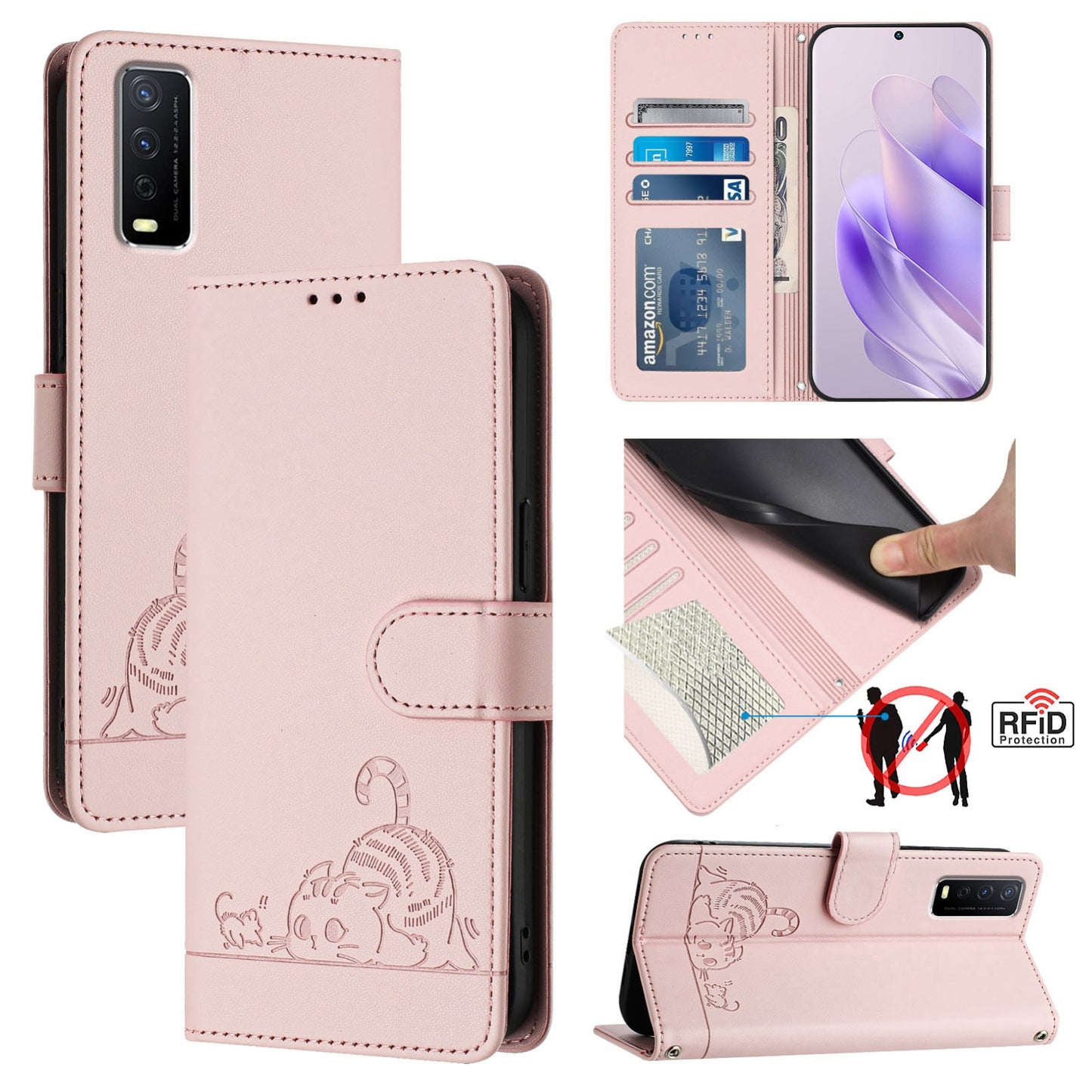 vivo Y12S Cat and Mouse Embossed PU Leather RFID Case with Wallet Slots, Anti-Fall Protection, Kickstand, and Lanyard-buycases.co.uk