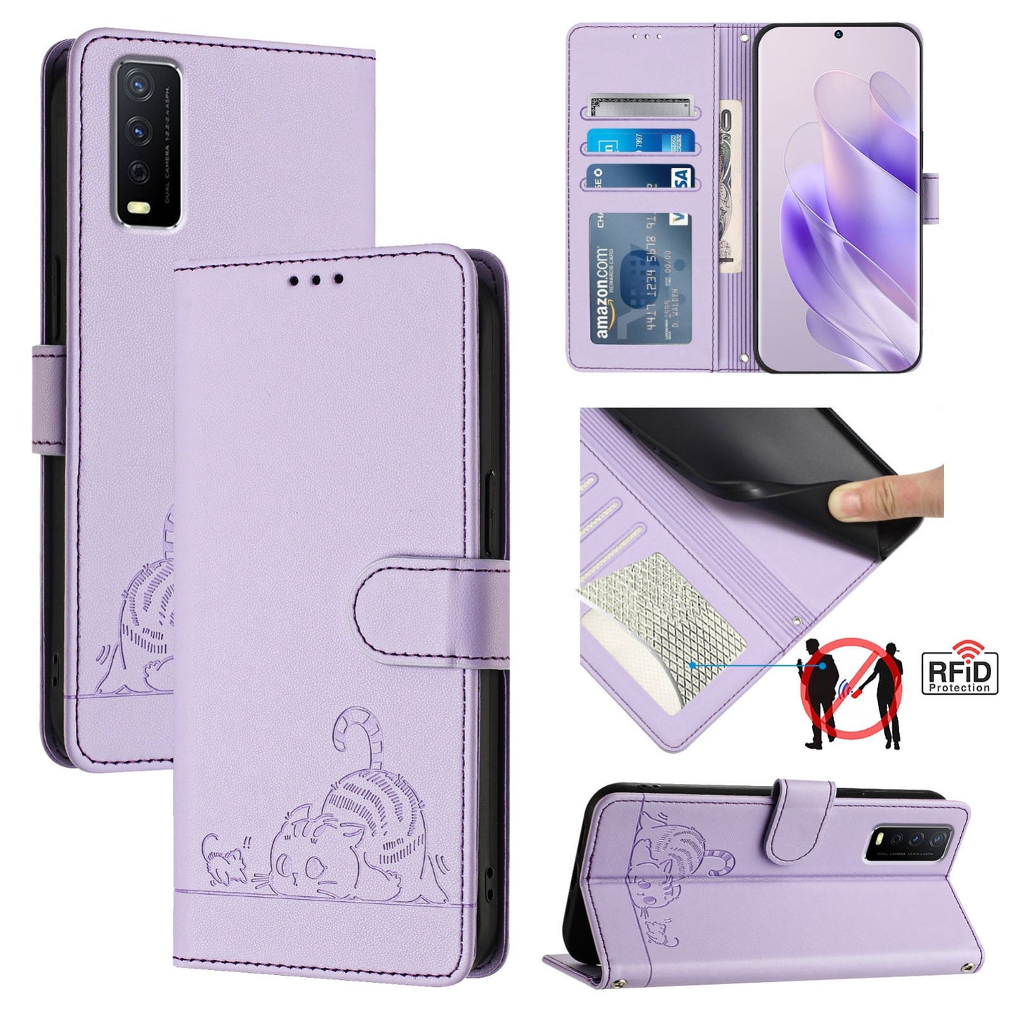 vivo Y20G Cat and Mouse Embossed PU Leather RFID Case with Wallet Slots, Anti-Fall Protection, Kickstand, and Lanyard-buycases.co.uk