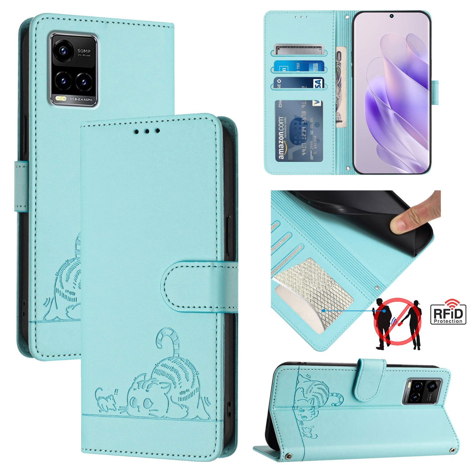 vivo Y33S 4G Global Cat and Mouse Embossed PU Leather RFID Case with Wallet Slots, Anti-Fall Protection, Kickstand, and Lanyard-buycases.co.uk