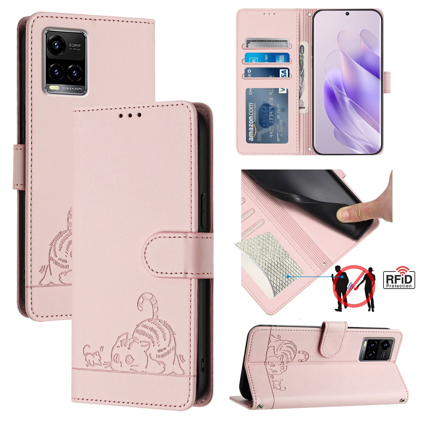 vivo Y21T Cat and Mouse Embossed PU Leather RFID Case with Wallet Slots, Anti-Fall Protection, Kickstand, and Lanyard-buycases.co.uk