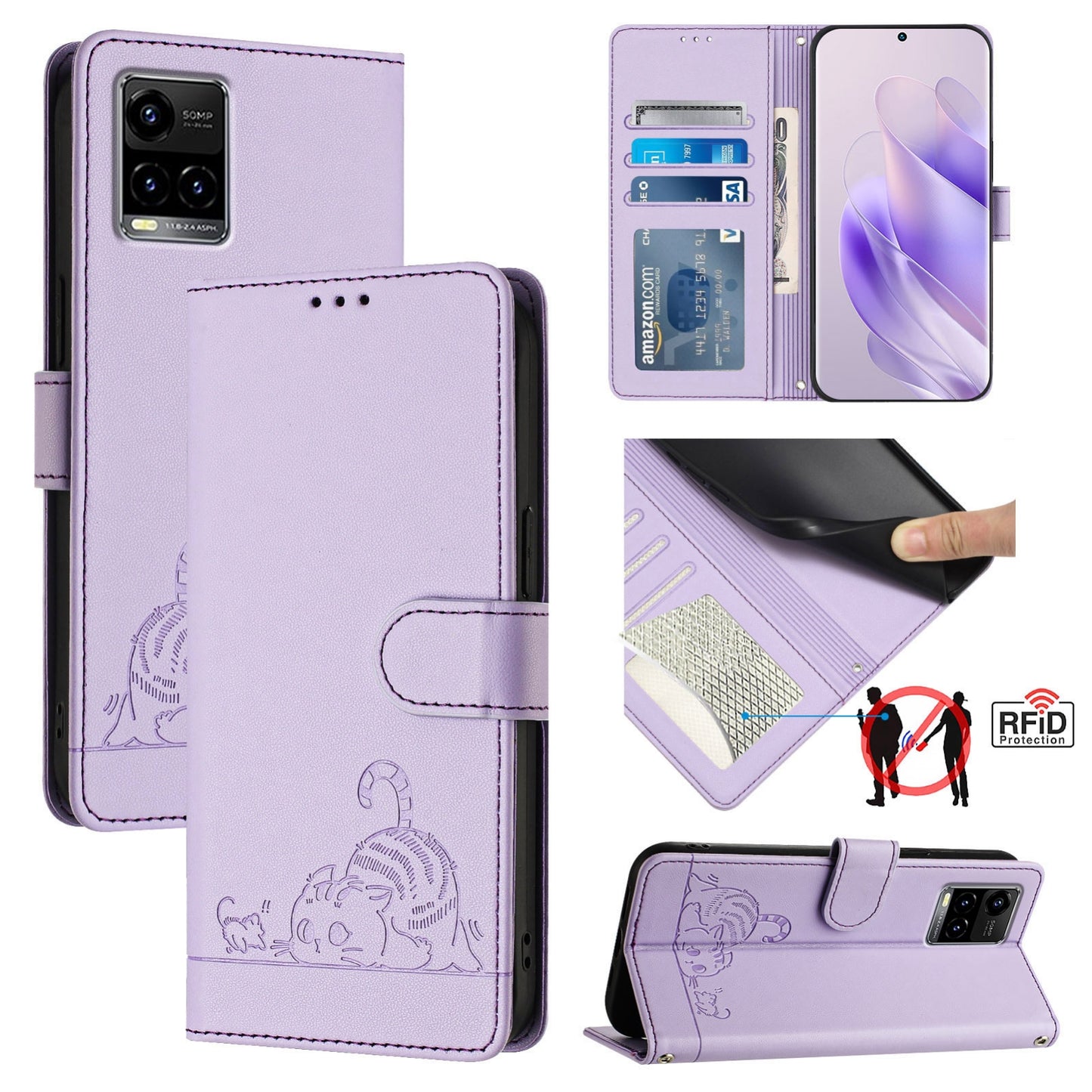 vivo Y21T Cat and Mouse Embossed PU Leather RFID Case with Wallet Slots, Anti-Fall Protection, Kickstand, and Lanyard-buycases.co.uk