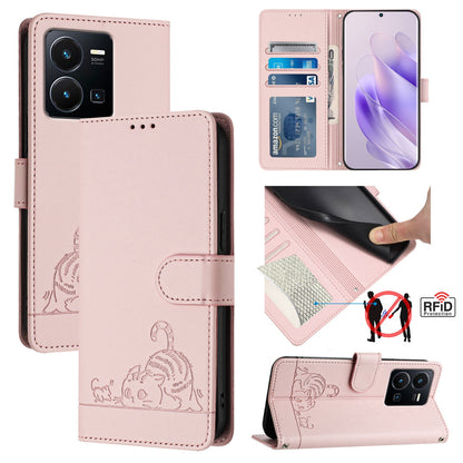 vivo Y35 4G Global Cat and Mouse Embossed PU Leather RFID Case with Wallet Slots, Anti-Fall Protection, Kickstand, and Lanyard-buycases.co.uk