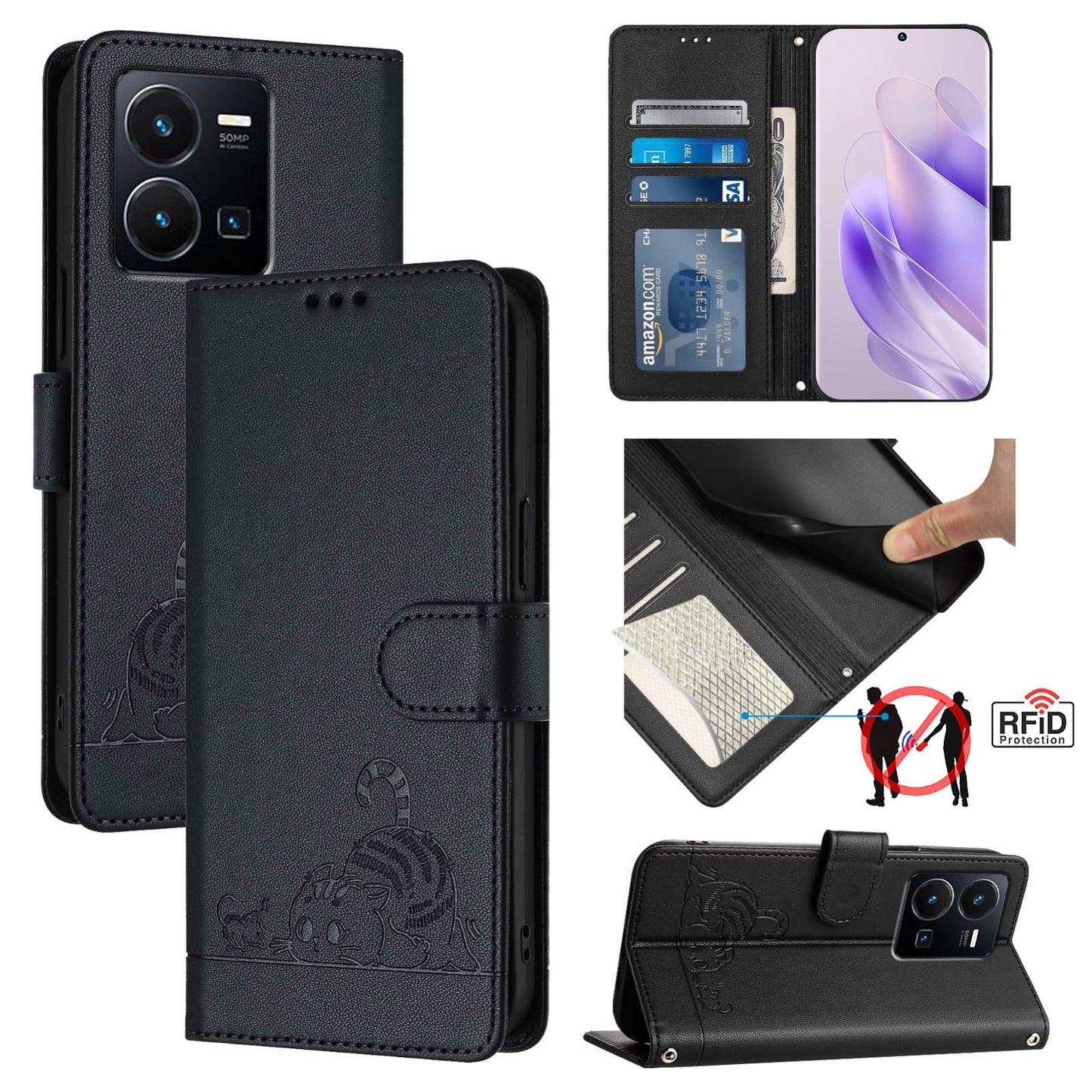 vivo Y22S 4G Global Cat and Mouse Embossed PU Leather RFID Case with Wallet Slots, Anti-Fall Protection, Kickstand, and Lanyard-buycases.co.uk